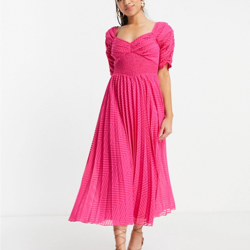 Asos petite ruched front pleaded midi dress in chevron texture - hot pink